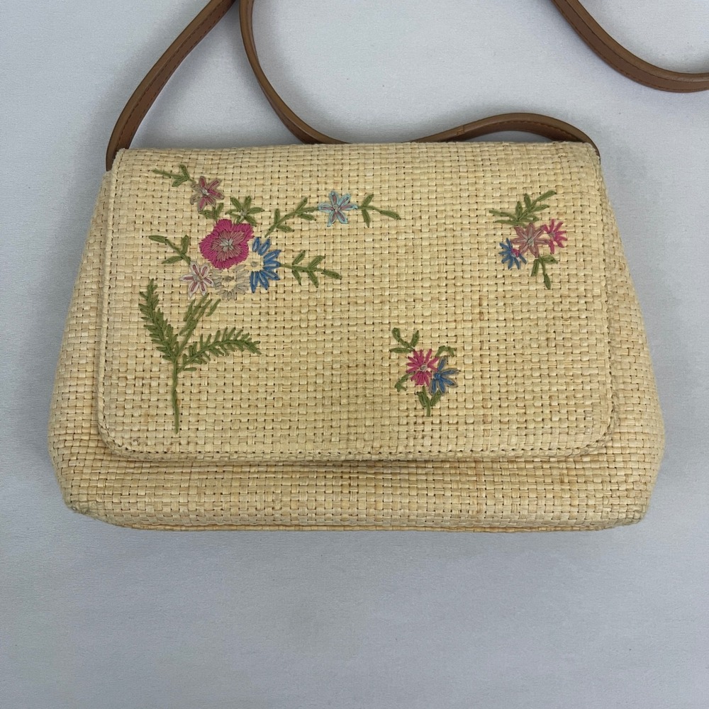Vintage Fossil Straw Crossbody Bag Purse‎ Floral Embroidered Tan Leather Strap